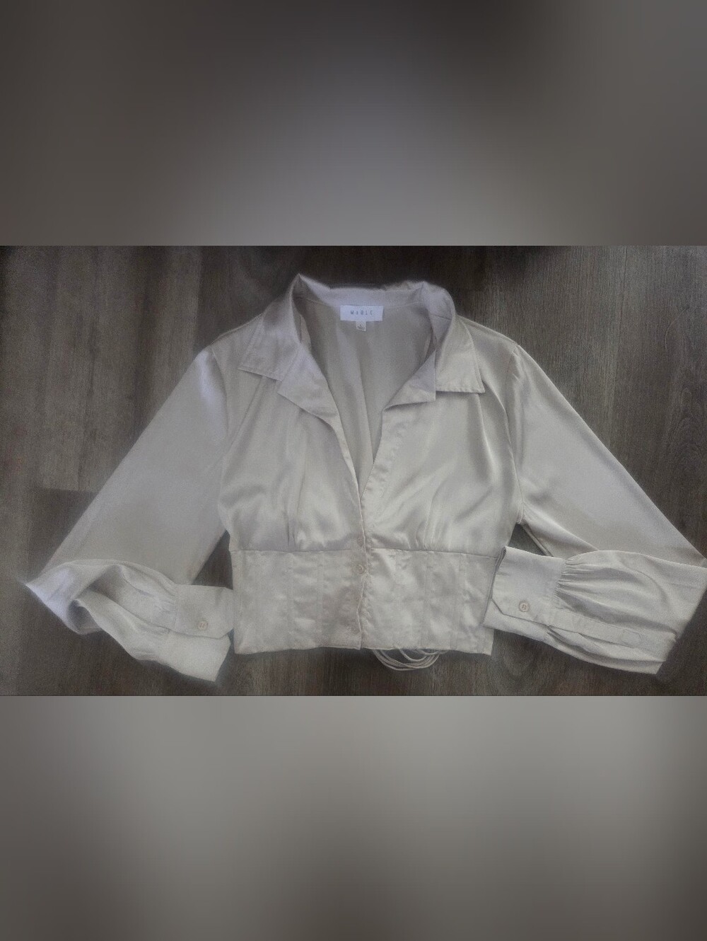 MABLE Ivory Satin Cropped Blouse L Balloon Sleeve Cinched Waist Going Out Top